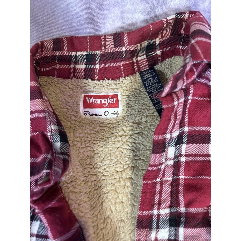 Wrangler Mens Large Sherpa Lined Flannel Shirt Jacket Red Plaid Heavyweight - Picture 4 of 4